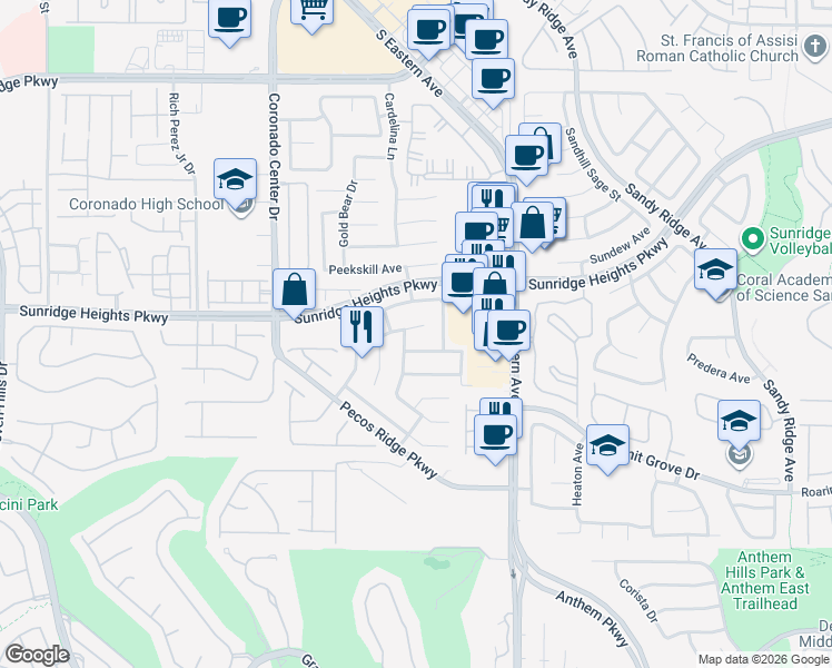 map of restaurants, bars, coffee shops, grocery stores, and more near 1011 Paradise View Street in Henderson