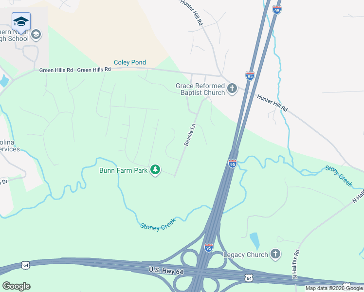 map of restaurants, bars, coffee shops, grocery stores, and more near 1690 Bessie Lane in Rocky Mount