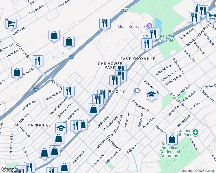 map of restaurants, bars, coffee shops, grocery stores, and more near 2800 East 5th Avenue in Knoxville