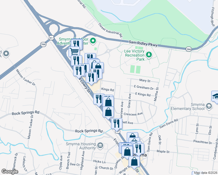 map of restaurants, bars, coffee shops, grocery stores, and more near 109 Kings Road in Smyrna
