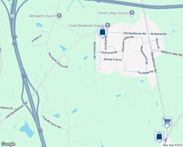 map of restaurants, bars, coffee shops, grocery stores, and more near 4342 Blackberry Road in Greensboro
