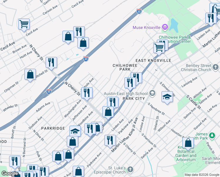 map of restaurants, bars, coffee shops, grocery stores, and more near 2733 Woodbine Avenue in Knoxville