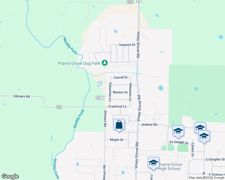 map of restaurants, bars, coffee shops, grocery stores, and more near 860 Benton Street in Prairie Grove