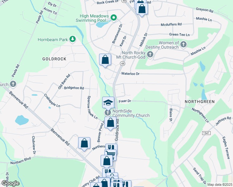map of restaurants, bars, coffee shops, grocery stores, and more near 851 Goldrock Road in Rocky Mount