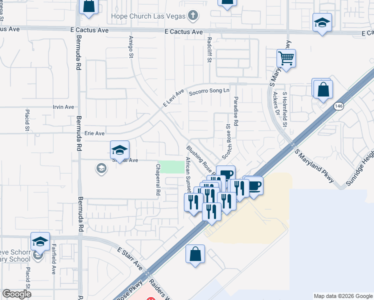 map of restaurants, bars, coffee shops, grocery stores, and more near 10947 African Sunset Street in Enterprise
