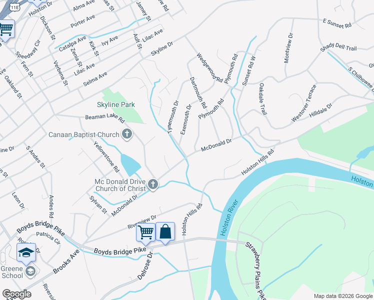 map of restaurants, bars, coffee shops, grocery stores, and more near 4300 Tynemouth Drive in Knoxville