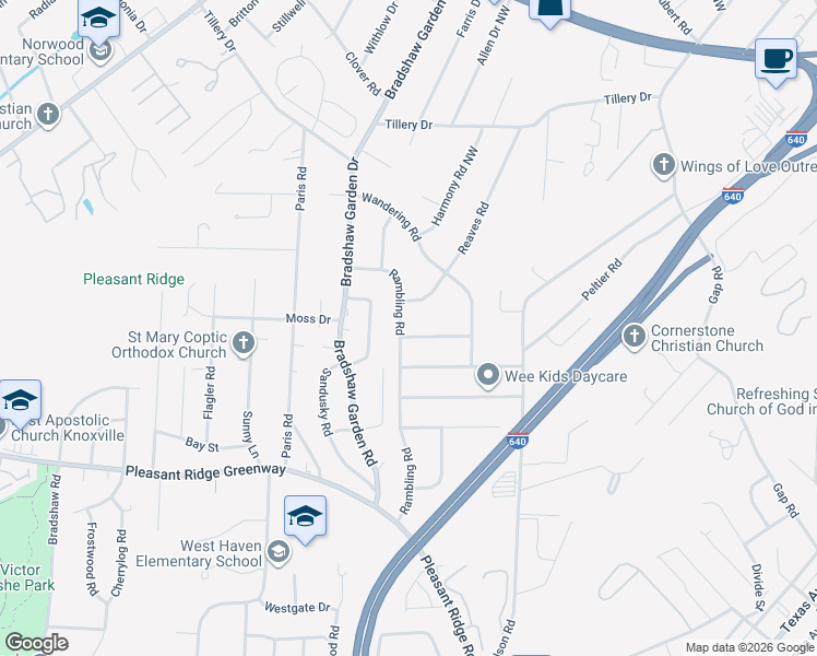 map of restaurants, bars, coffee shops, grocery stores, and more near 1708 Rambling Drive in Knoxville