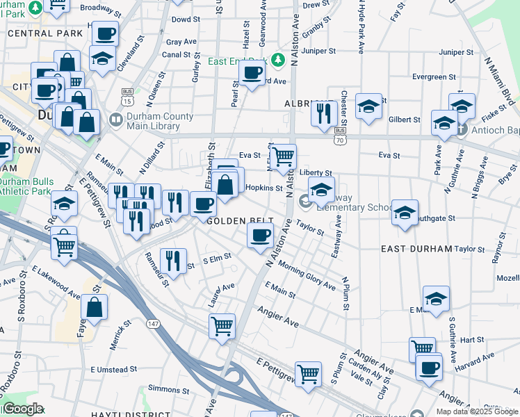map of restaurants, bars, coffee shops, grocery stores, and more near 447 North Elm Street in Durham