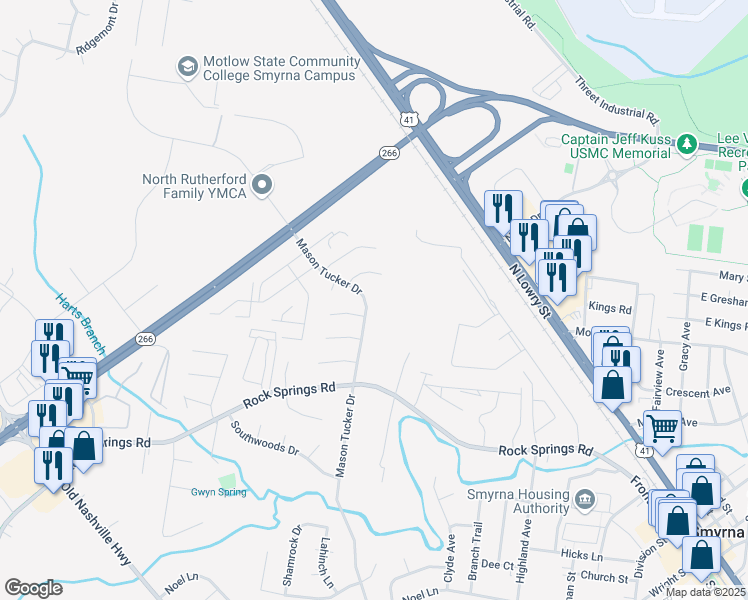map of restaurants, bars, coffee shops, grocery stores, and more near 904 Mason Tucker Drive in Smyrna