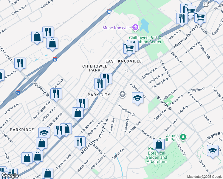 map of restaurants, bars, coffee shops, grocery stores, and more near 2837 Linden Avenue in Knoxville