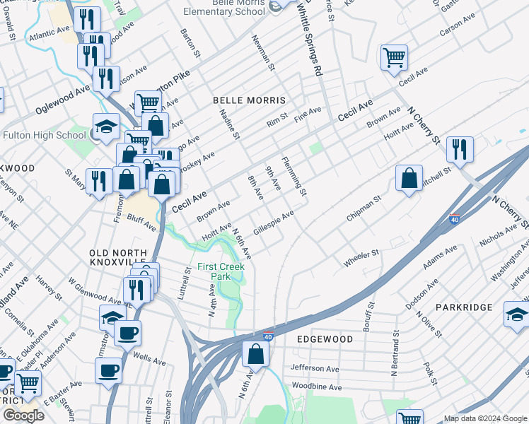 map of restaurants, bars, coffee shops, grocery stores, and more near 1717 8th Avenue in Knoxville