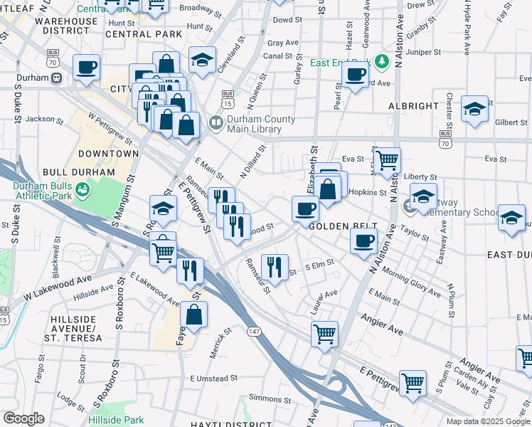 map of restaurants, bars, coffee shops, grocery stores, and more near 602 East Main Street in Durham