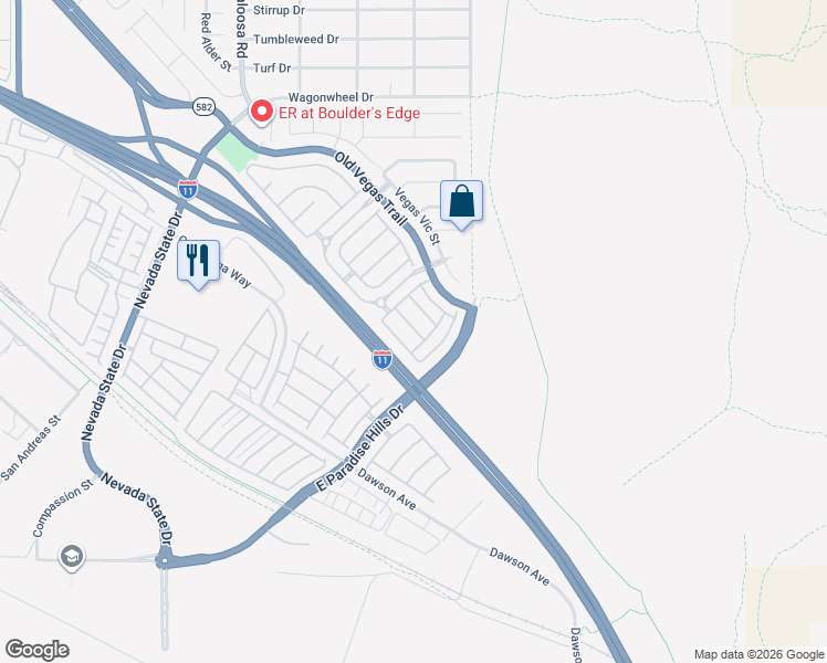 map of restaurants, bars, coffee shops, grocery stores, and more near 2577 Land Rush Drive in Henderson