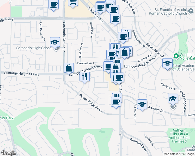 map of restaurants, bars, coffee shops, grocery stores, and more near 1011 Paradise View Street in Henderson