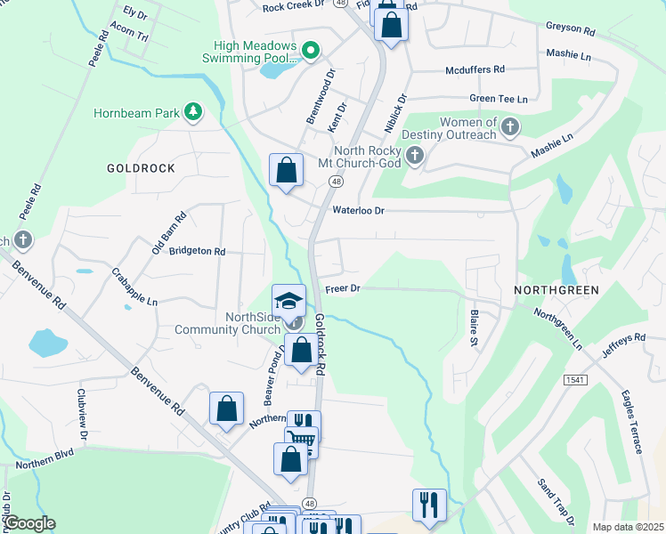 map of restaurants, bars, coffee shops, grocery stores, and more near 110 Braxton Place in Rocky Mount