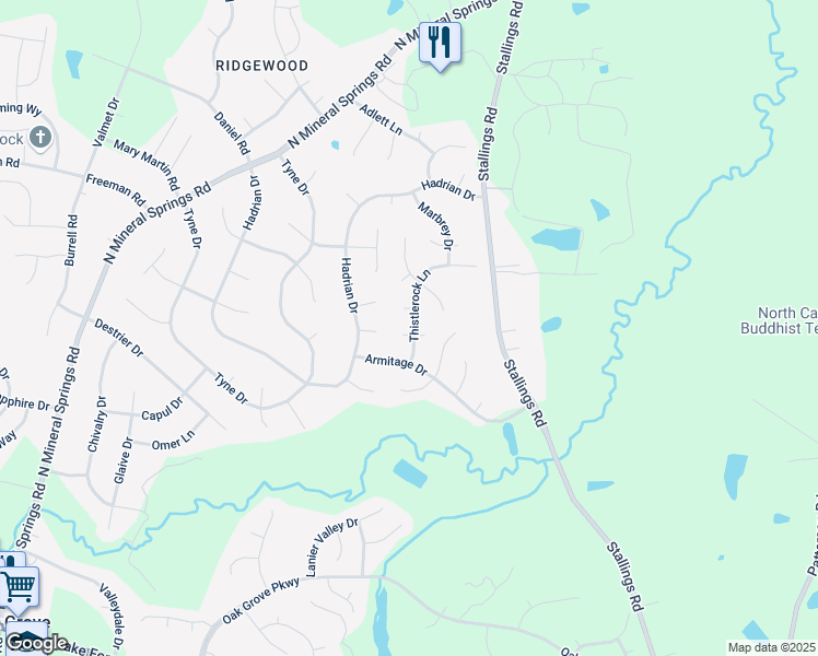 map of restaurants, bars, coffee shops, grocery stores, and more near 5609 Thistlerock Lane in Durham