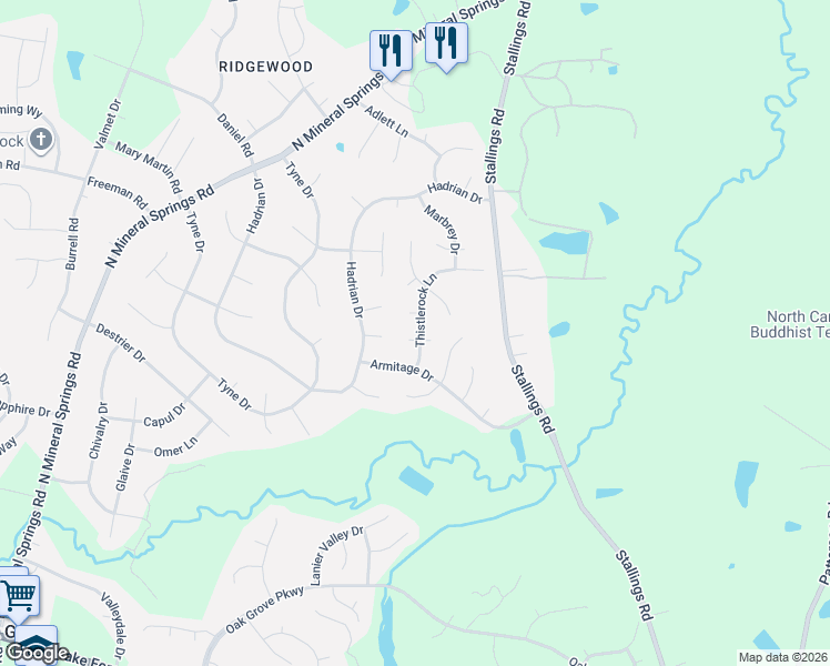map of restaurants, bars, coffee shops, grocery stores, and more near 6 West Lilyfield Court in Durham