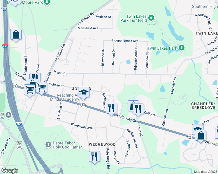 map of restaurants, bars, coffee shops, grocery stores, and more near 2815 Rochelle Street in Durham