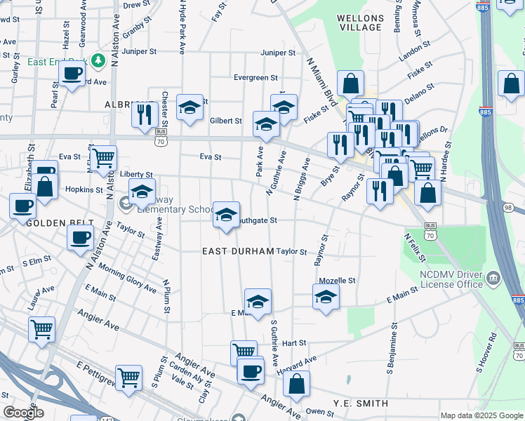 map of restaurants, bars, coffee shops, grocery stores, and more near 508 Park Avenue in Durham