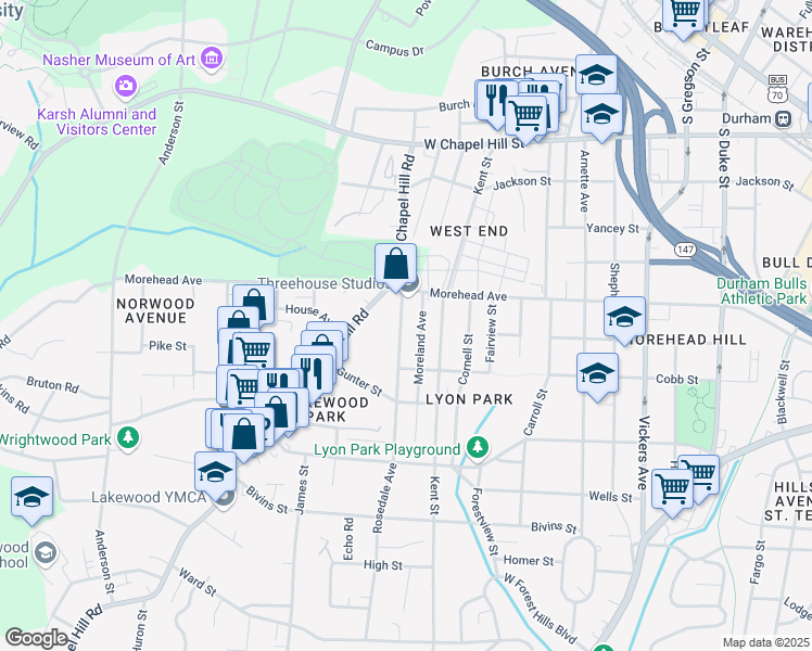 map of restaurants, bars, coffee shops, grocery stores, and more near 1012 Moreland Avenue in Durham