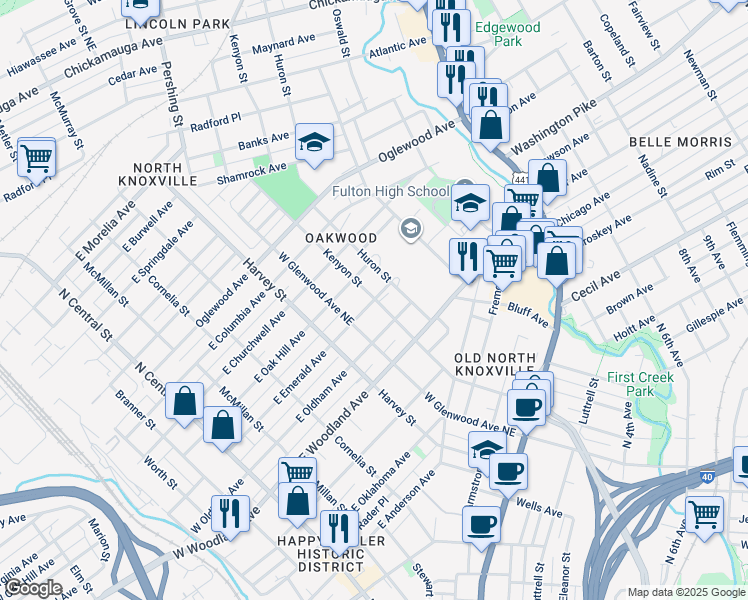 map of restaurants, bars, coffee shops, grocery stores, and more near 809 East Emerald Avenue in Knoxville