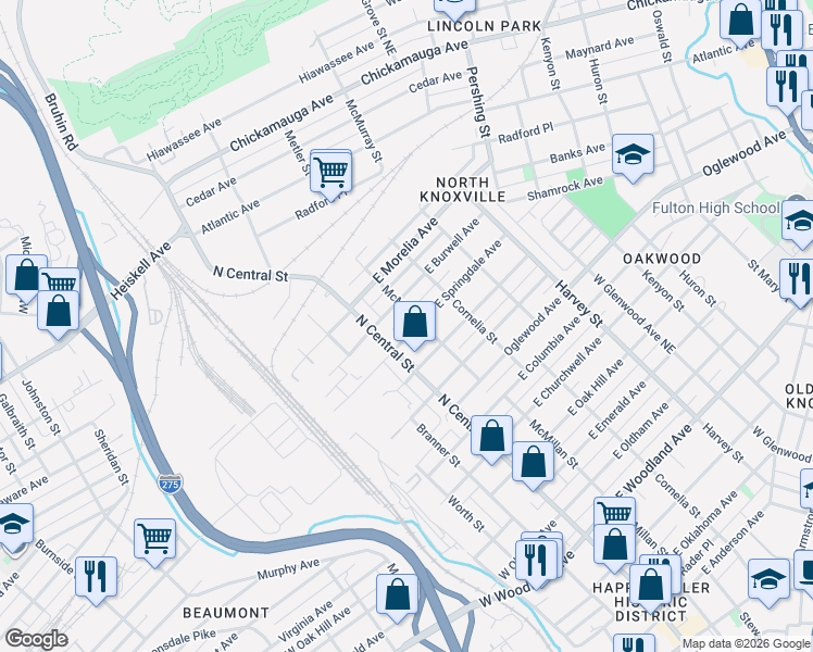 map of restaurants, bars, coffee shops, grocery stores, and more near 116 East Burwell Avenue in Knoxville