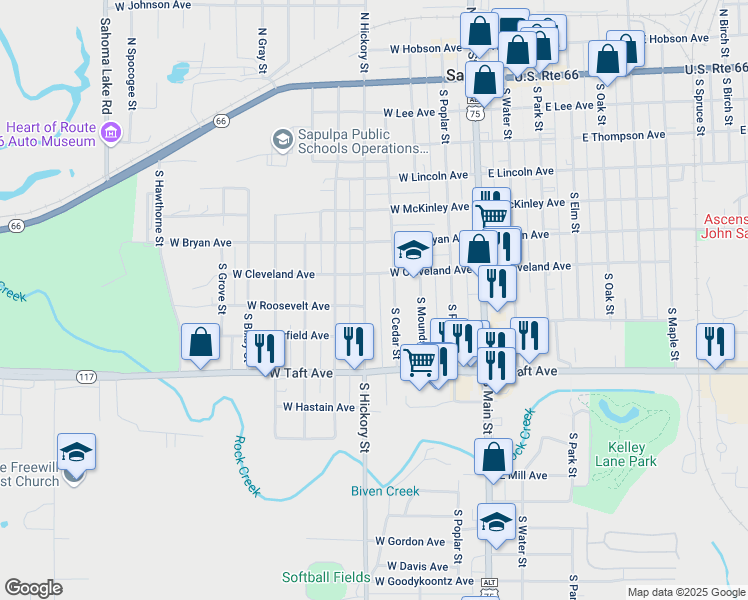 map of restaurants, bars, coffee shops, grocery stores, and more near 611 South Hickory Street in Sapulpa