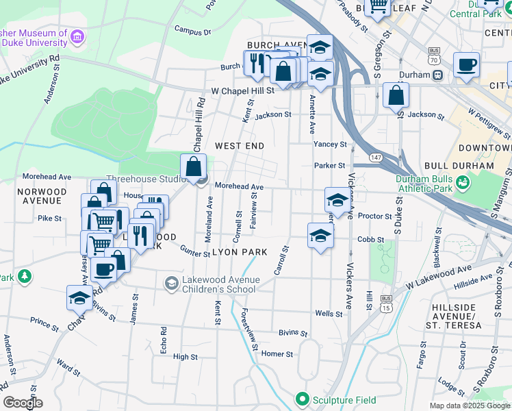 map of restaurants, bars, coffee shops, grocery stores, and more near 1013 Fairview Street in Durham