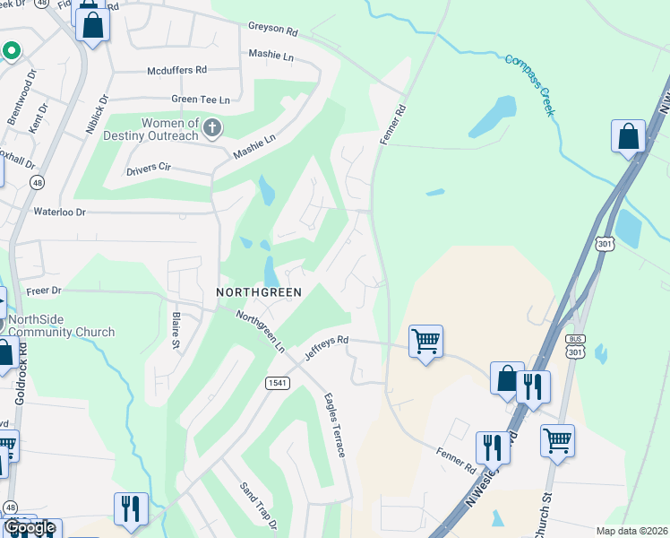 map of restaurants, bars, coffee shops, grocery stores, and more near 1340 Fairway Terrace in Rocky Mount