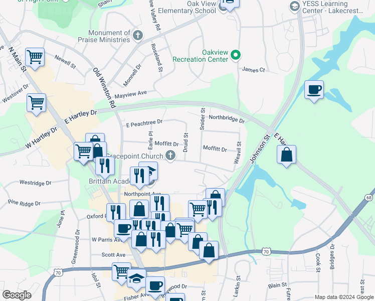 map of restaurants, bars, coffee shops, grocery stores, and more near 212 Druid Street in High Point