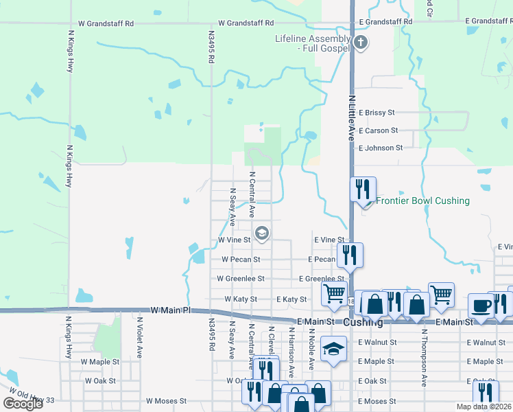 map of restaurants, bars, coffee shops, grocery stores, and more near 1119 North Central Avenue in Cushing