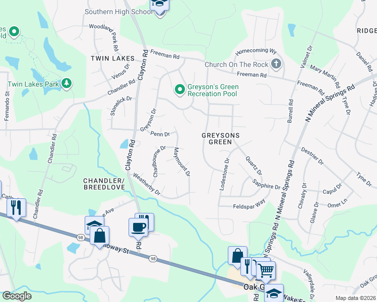 map of restaurants, bars, coffee shops, grocery stores, and more near 608 Chadbourne Drive in Durham