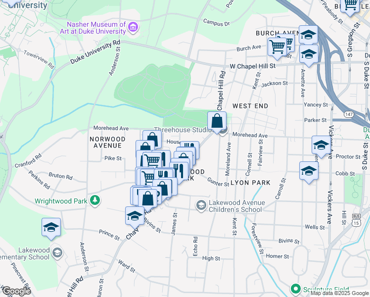 map of restaurants, bars, coffee shops, grocery stores, and more near 1807 House Avenue in Durham