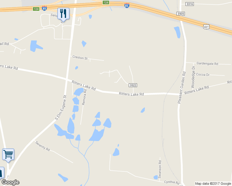 map of restaurants, bars, coffee shops, grocery stores, and more near 628 Ritters Lake Road in Greensboro