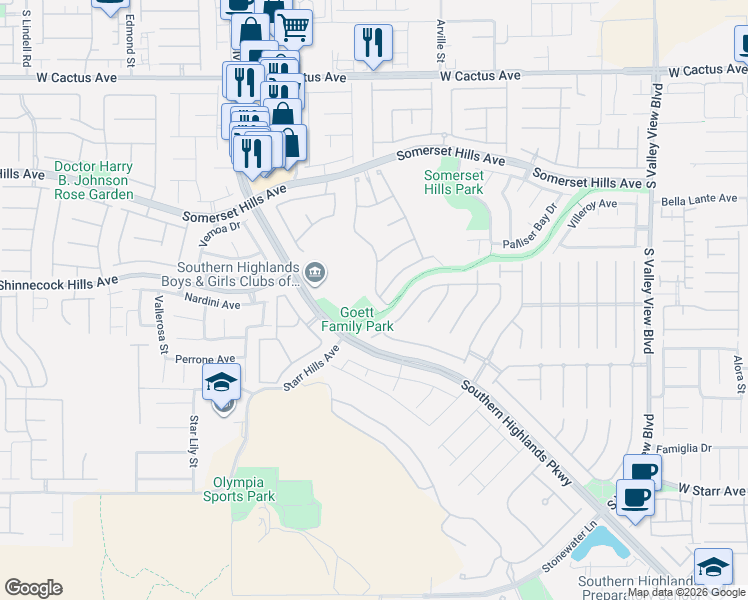 map of restaurants, bars, coffee shops, grocery stores, and more near 10929 Bramante Drive in Las Vegas