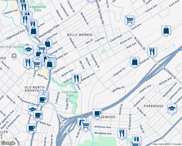 map of restaurants, bars, coffee shops, grocery stores, and more near 1817 Gillespie Ave in Knoxville