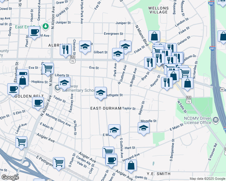 map of restaurants, bars, coffee shops, grocery stores, and more near 508 Park Avenue in Durham