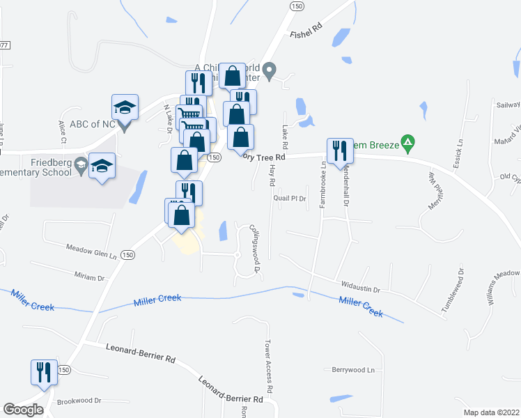 map of restaurants, bars, coffee shops, grocery stores, and more near 3318 Hickory Tree Road in Winston-Salem