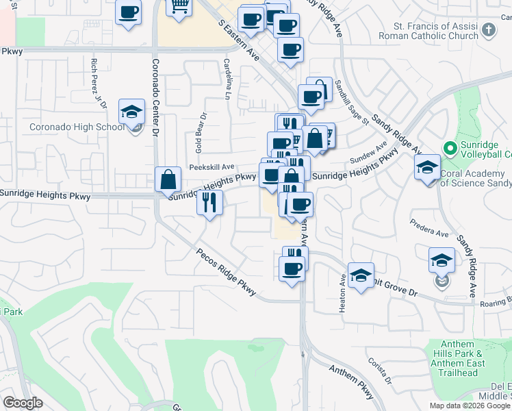map of restaurants, bars, coffee shops, grocery stores, and more near 1011 Paradise View Street in Henderson