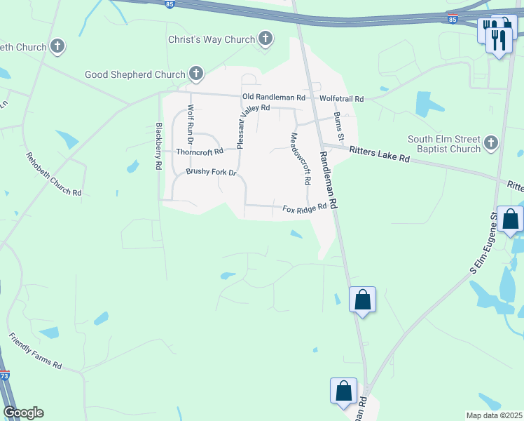 map of restaurants, bars, coffee shops, grocery stores, and more near 723 Fox Ridge Road in Greensboro