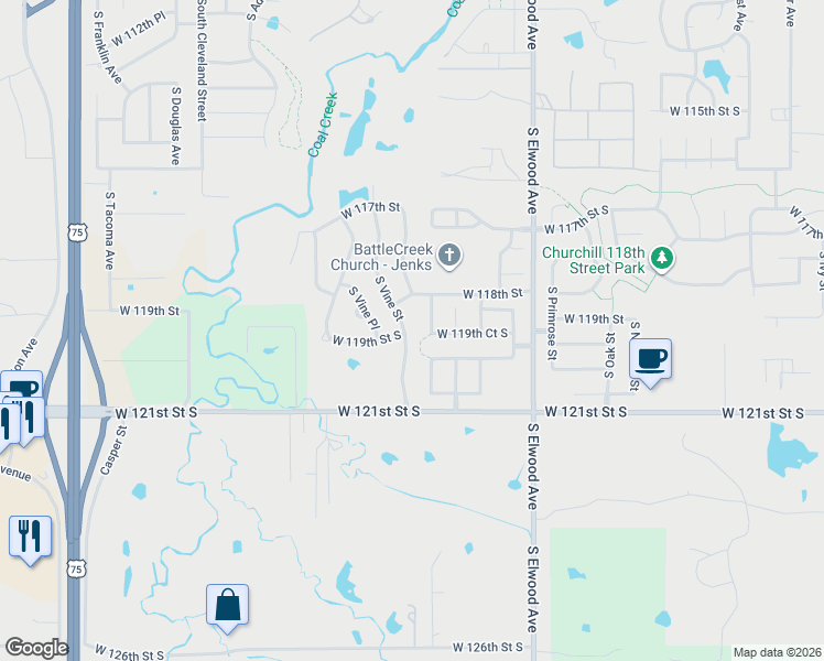 map of restaurants, bars, coffee shops, grocery stores, and more near 11813 South Vine Street in Jenks