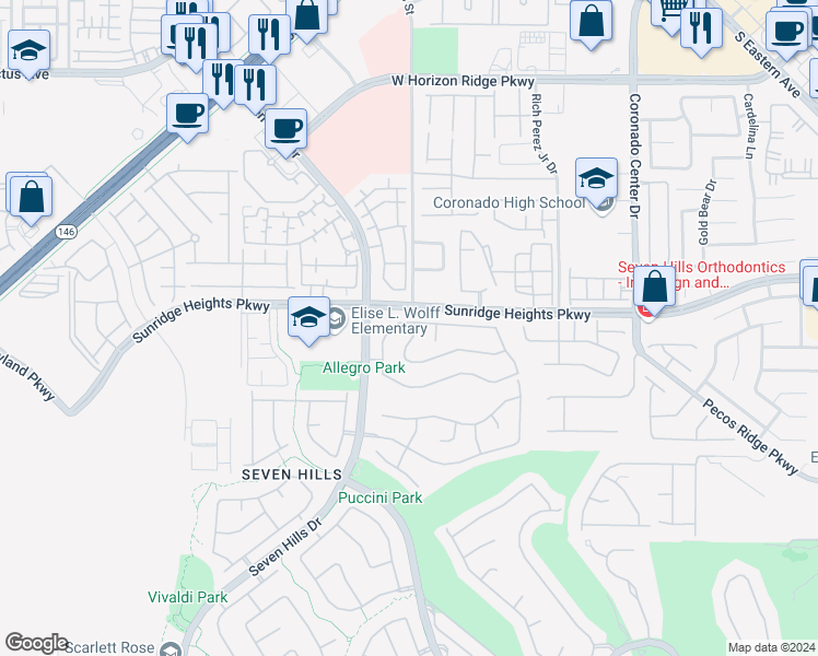map of restaurants, bars, coffee shops, grocery stores, and more near 3039 Scenic Valley Way in Henderson