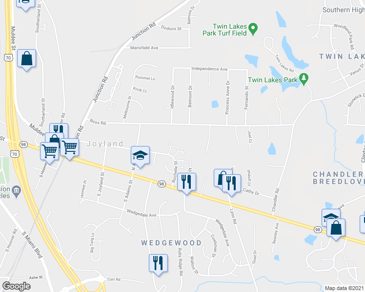 map of restaurants, bars, coffee shops, grocery stores, and more near 2815 Rochelle Street in Durham