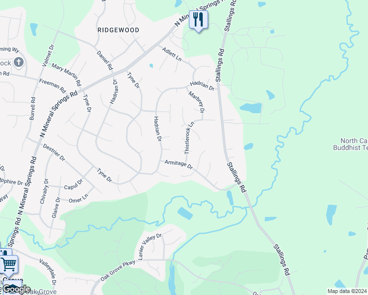 map of restaurants, bars, coffee shops, grocery stores, and more near 5609 Thistlerock Lane in Durham