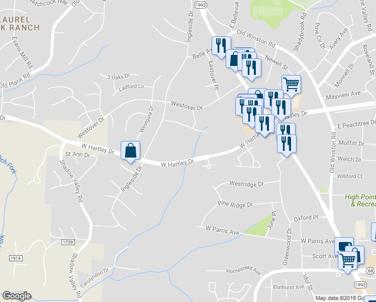 map of restaurants, bars, coffee shops, grocery stores, and more near 400 West Hartley Drive in High Point