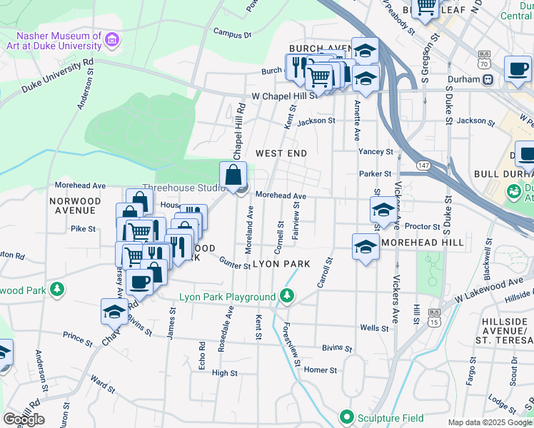 map of restaurants, bars, coffee shops, grocery stores, and more near 1013 Kent Street in Durham