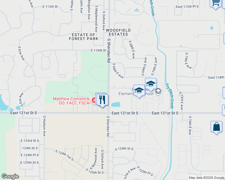 map of restaurants, bars, coffee shops, grocery stores, and more near 6546 East 119th Street in Bixby