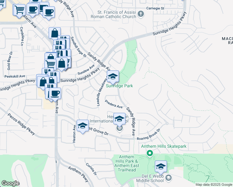 map of restaurants, bars, coffee shops, grocery stores, and more near 2404 Canberra Avenue in Henderson