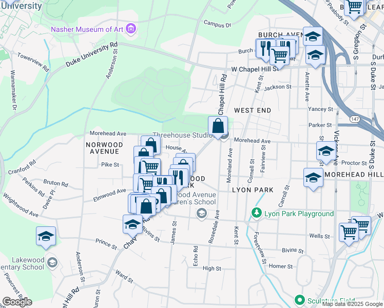 map of restaurants, bars, coffee shops, grocery stores, and more near 1720 Chapel Hill Road in Durham