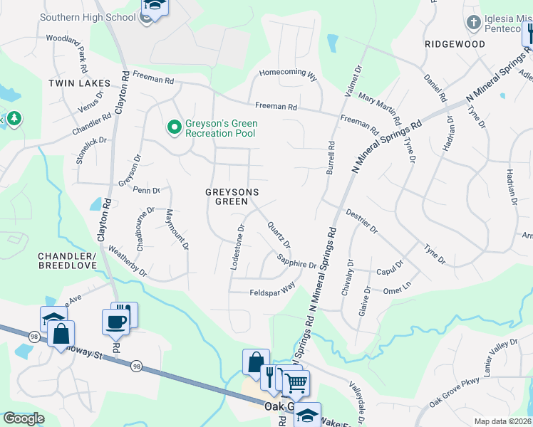 map of restaurants, bars, coffee shops, grocery stores, and more near 614 Quartz Drive in Durham